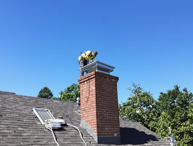 Chino Hills Chimney Sweep technician measuring a chimney cap in Chino Hills, CA